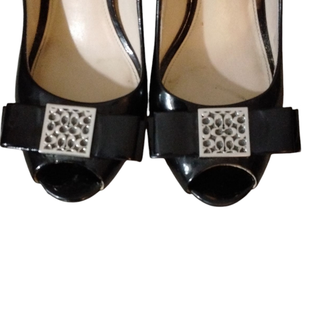 Coach Scarlet Black Patent Leather Peep Toe Bow Heel Pumps Women’s Size 9 B - Picture 3 of 14